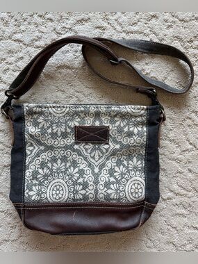Myra Canvas and Leather Heavy-Duty  Crossbody Boho Bag in Gray and Brown